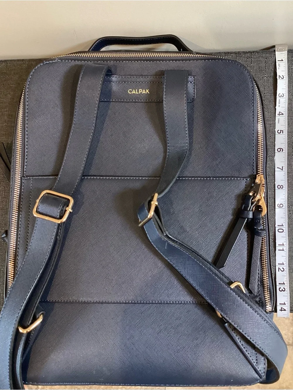 Calpak Navy Leather Backpack with Whipstitch Trim